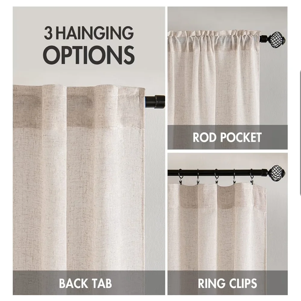 2 Natural Linen color 60x52 Textured Burlap Semi Sheer Curtain Panels